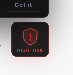Tosly's shield badge sitting in the corner of the page, showing a HIGH RISK label.