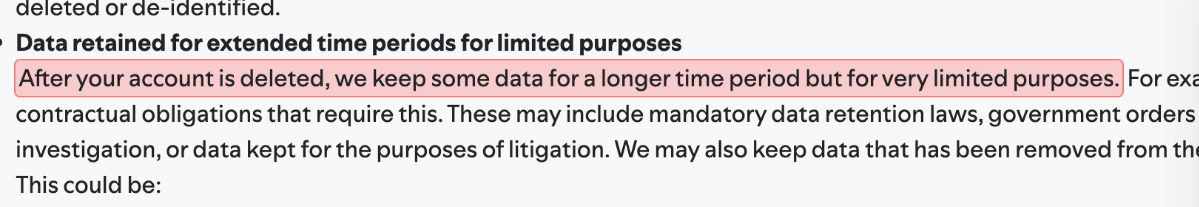 A sentence in Spotify's policy highlighted in place: 'After your account is deleted, we keep some data for a longer time period but for very limited purposes.'